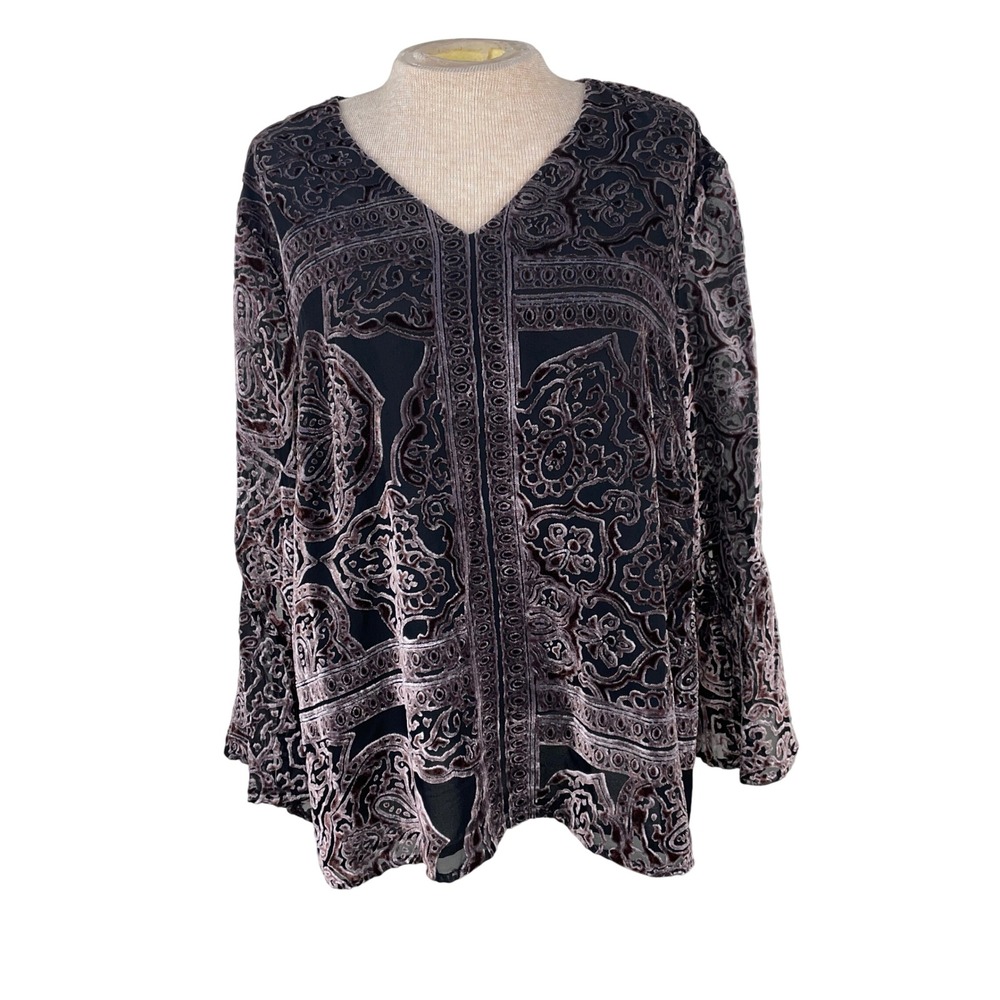 Chicos Burnout Velvet Blouse Mauve Black Damask Bell Sleeve V-Neck Top Size 2 L